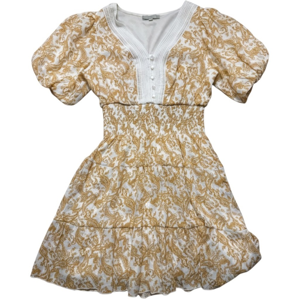 J‎ GEE Paisley Boho Mini Dress Smocked Waist Fall Mustard White M Cottagecore
